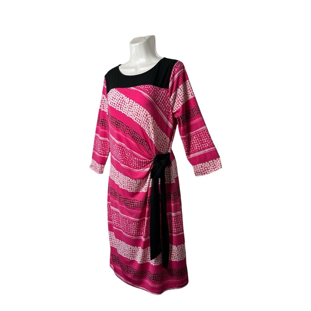 New York & Company Dress Large Pink White Black Colorblock Tie Stretch Office